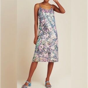 Anthropologie NOT SO SERIOUS Amaryllis Slip Summer Dress Iridescent Sequin FLAW